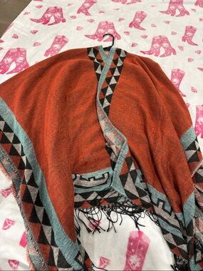 Orange Geometric Fringe Open-Front Women's Sweater